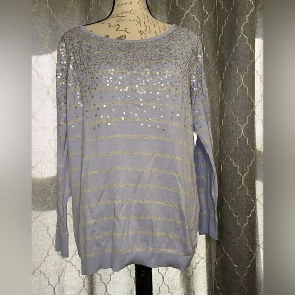 Elle Women's Long Sleeve Purple Gray Stripe Sequin Long Sleeve Sweater - XL - Picture 4 of 6